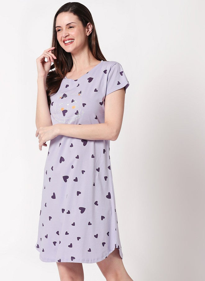 Zeyo Lavender Pure Cotton Printed Nightdress - Image 4