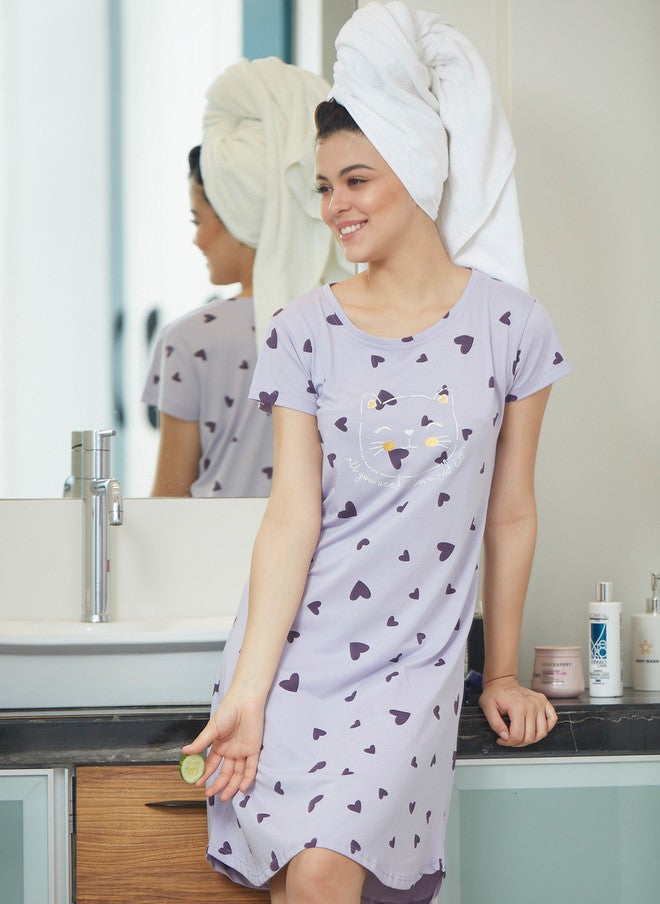 Zeyo Lavender Pure Cotton Printed Nightdress - Image 1
