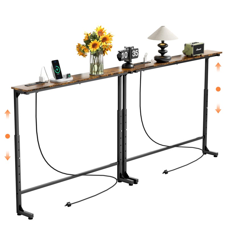 GRLEAF 2 Pack Adjustable Height Narrow Console Table with Power Outlets, 78.7" Long Sofa Table with Charging Station Behind Couch Table Entryway Table for Living Room and Hallway â€“ Rustic Brown - Image 1
