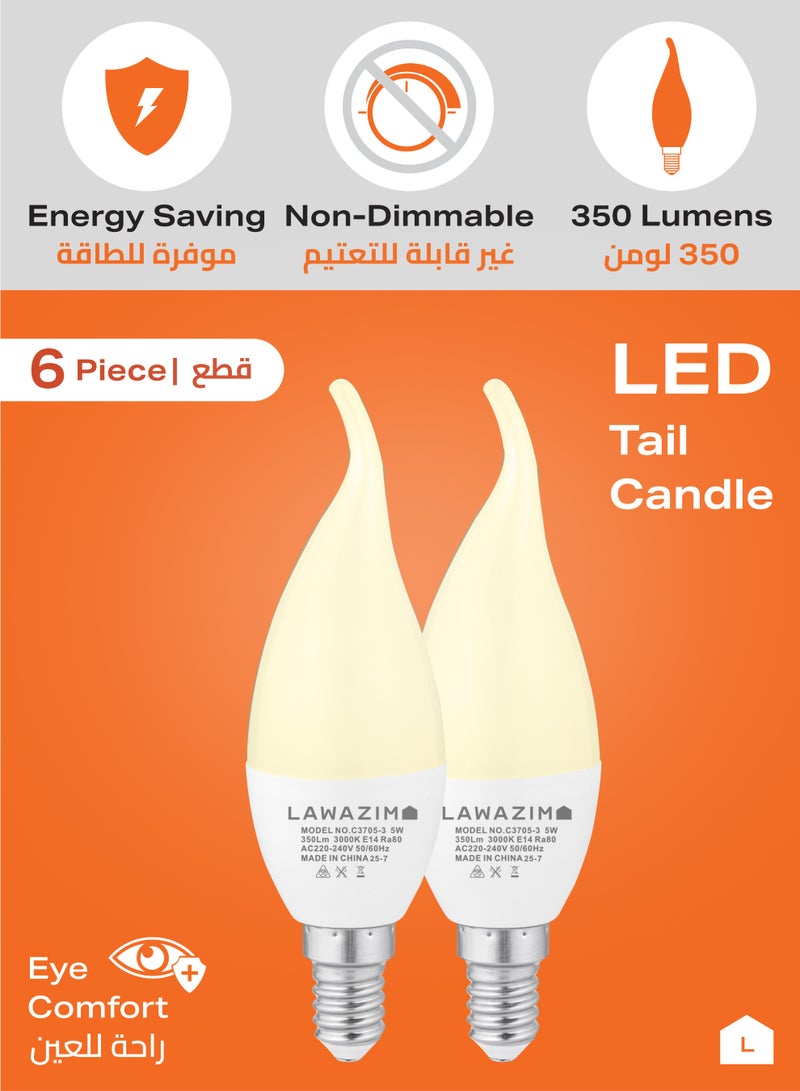 LAWAZIM 5W LED Candle C37 E14 - 6 Pack 3000K Warm White - Flame Tip Small Edison Screw SES 35W Equivalent Energy Saving Non-Dimmable Bulbs with 350 Lumens, 20,000 Hours - for Chandeliers, Wall Sconces - Image 3