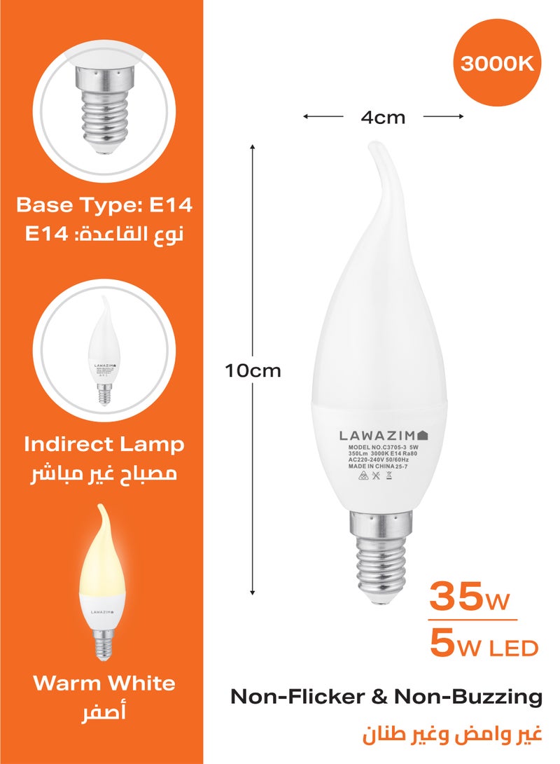 LAWAZIM 5W LED Candle C37 E14 - 6 Pack 3000K Warm White - Flame Tip Small Edison Screw SES 35W Equivalent Energy Saving Non-Dimmable Bulbs with 350 Lumens, 20,000 Hours - for Chandeliers, Wall Sconces - Image 2