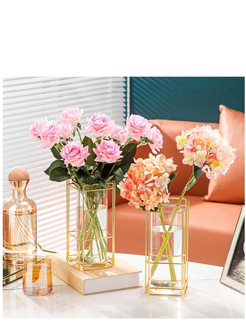 KASTWAVE مجموعة مزهريات زهور زجاجية 2 قطعة لغرفة المعيشة وغرفة النوم 9.25 بوصة مزهريات نباتات مائية شفافة بإطار معدني ذهبي 2 حزمة ديكور منزلي ومكتبي حديث كلاسيكي هندسي إبداعي - Image 2