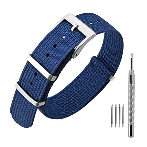 ANNEFIT Nylon Watch Band 22mm OnePiece Waterproof Military Watch Straps with Heavy Silver Buckle Blue - Image 1