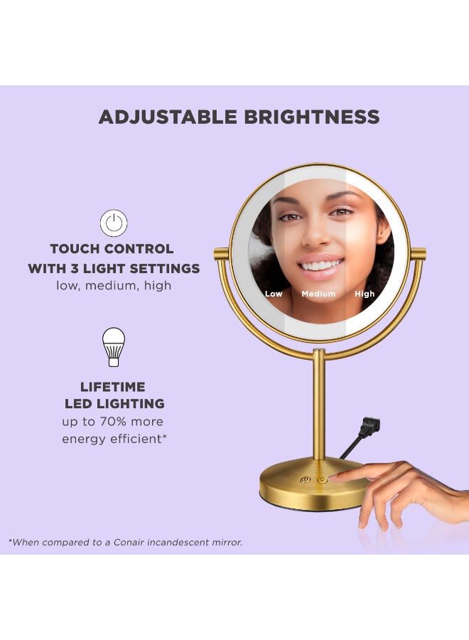 Conair Lighted Makeup Mirror DoubleSided LED Vanity Mirror with 1X10X Magnification 3 Light Settings 3 Modes 360 Rotation Brushed Brass Finish - Image 4