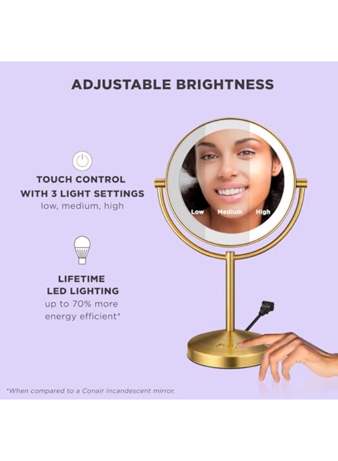 Conair Lighted Makeup Mirror DoubleSided LED Vanity Mirror with 1X10X Magnification 3 Light Settings 3 Modes 360 Rotation Brushed Brass Finish - Image 3