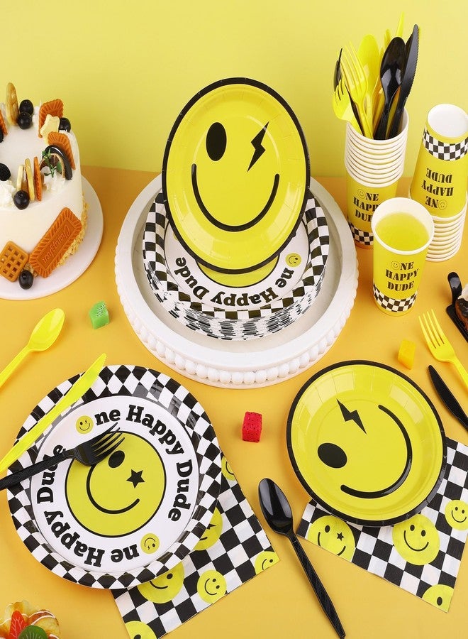 Kochorie 400 Pieces One Happy Dude Disposable Party Tableware Sets Including Plates Cups Napkins Cutlery Serves 50 for Smiley Party 1st Birthday Preppy Party Decorations - Image 4