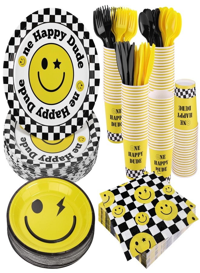 Kochorie 400 Pieces One Happy Dude Disposable Party Tableware Sets Including Plates Cups Napkins Cutlery Serves 50 for Smiley Party 1st Birthday Preppy Party Decorations - Image 1