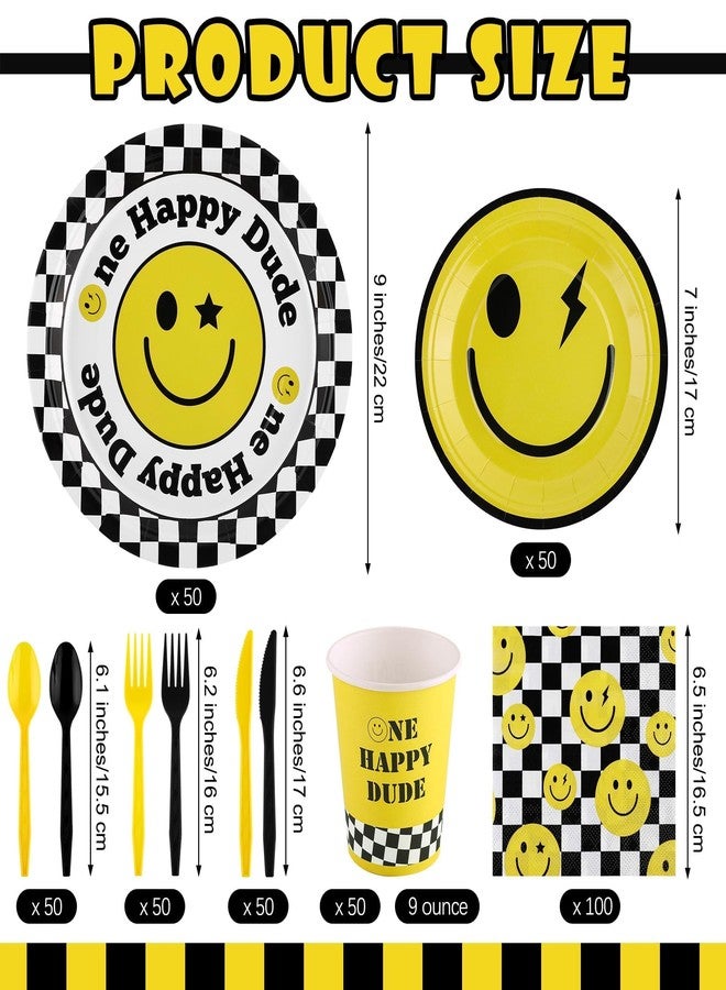Kochorie 400 Pieces One Happy Dude Disposable Party Tableware Sets Including Plates Cups Napkins Cutlery Serves 50 for Smiley Party 1st Birthday Preppy Party Decorations - Image 2