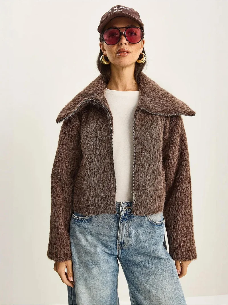 Bianco Lucci LUCCI Textured Plush Bomber with Zipper Closure