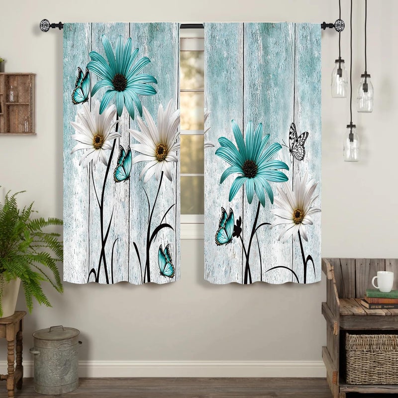 Famiffty Teal Blue Farmhouse Floral Kitchen Curtains 27.5W X 39L Inch 2 Panels Rod Pocket Rustic Flower Vintage Country Turquoise Daisy Retro Small Short Cafe Tier Drapes Wooden Bathroom Home Decor - Image 4