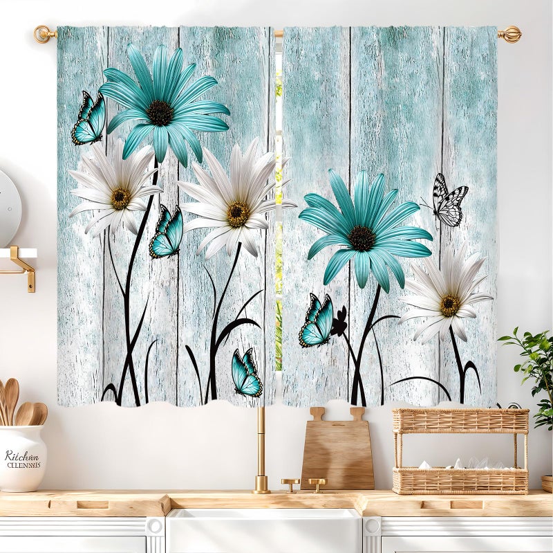 Famiffty Teal Blue Farmhouse Floral Kitchen Curtains 27.5W X 39L Inch 2 Panels Rod Pocket Rustic Flower Vintage Country Turquoise Daisy Retro Small Short Cafe Tier Drapes Wooden Bathroom Home Decor - Image 2