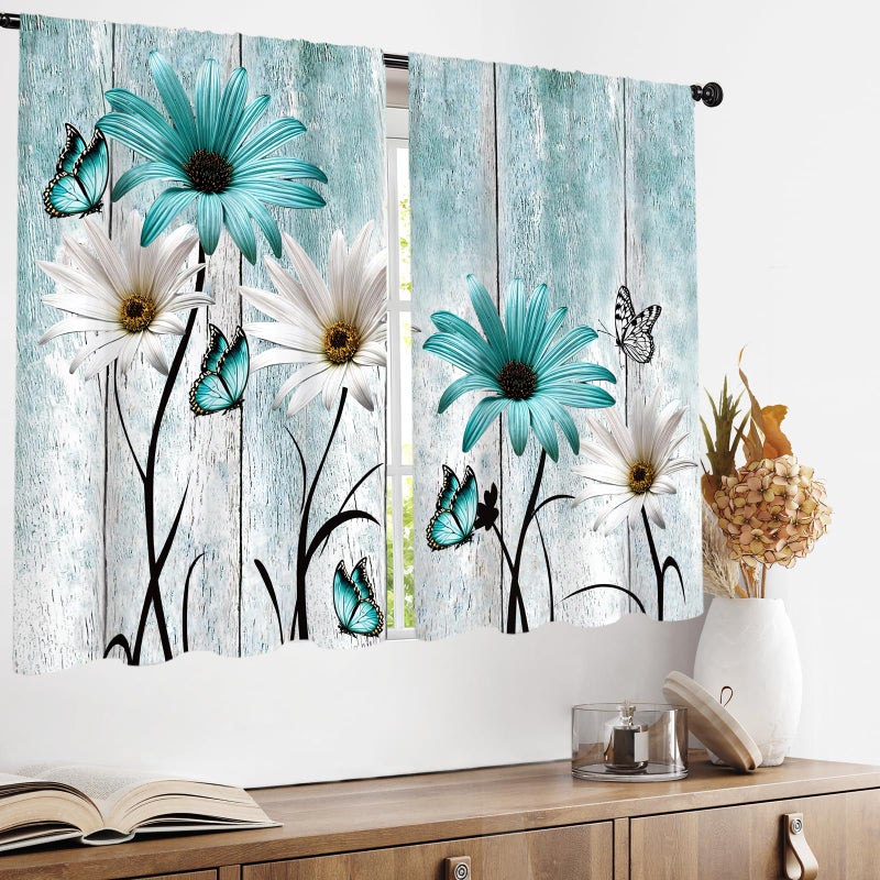 Famiffty Teal Blue Farmhouse Floral Kitchen Curtains 27.5W X 39L Inch 2 Panels Rod Pocket Rustic Flower Vintage Country Turquoise Daisy Retro Small Short Cafe Tier Drapes Wooden Bathroom Home Decor - Image 3