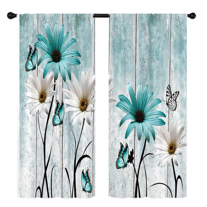 Famiffty Teal Blue Farmhouse Floral Kitchen Curtains 27.5W X 39L Inch 2 Panels Rod Pocket Rustic Flower Vintage Country Turquoise Daisy Retro Small Short Cafe Tier Drapes Wooden Bathroom Home Decor - Image 5