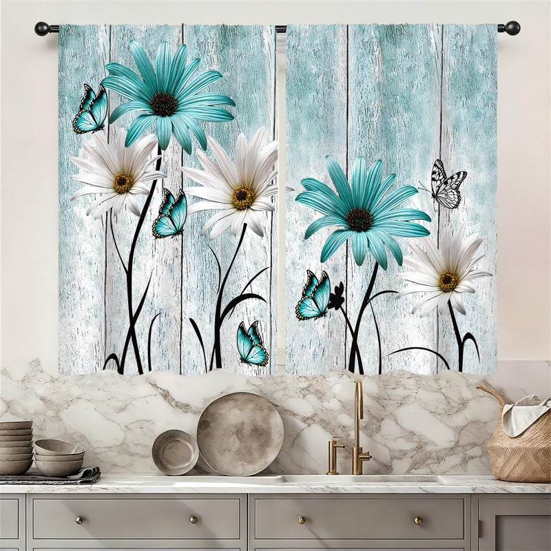 Famiffty Teal Blue Farmhouse Floral Kitchen Curtains 27.5W X 39L Inch 2 Panels Rod Pocket Rustic Flower Vintage Country Turquoise Daisy Retro Small Short Cafe Tier Drapes Wooden Bathroom Home Decor - Image 1