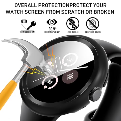 Suoman 3-Pack for Google Pixel Watch 3/2/1 41mm Case, [Anti-Scratch] 9H Tempered Glass Screen Protector+ All-Round PC Glossy Protective Cover Bumper - Image 4