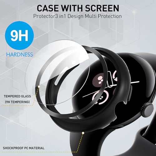 Suoman 3-Pack for Google Pixel Watch 3/2/1 41mm Case, [Anti-Scratch] 9H Tempered Glass Screen Protector+ All-Round PC Glossy Protective Cover Bumper - Image 3