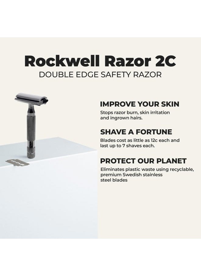 2C Gunmetal Chrome Double Edge Safety Razor With Adjustable Shave Settings and 5 Fully Recyclable Razor Blades. Reusable Safety Razors for Men and Women