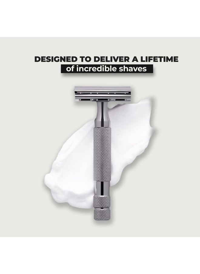 2C Gunmetal Chrome Double Edge Safety Razor With Adjustable Shave Settings and 5 Fully Recyclable Razor Blades. Reusable Safety Razors for Men and Women