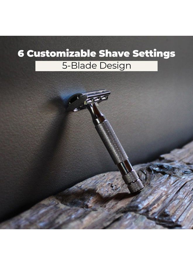 2C Gunmetal Chrome Double Edge Safety Razor With Adjustable Shave Settings and 5 Fully Recyclable Razor Blades. Reusable Safety Razors for Men and Women