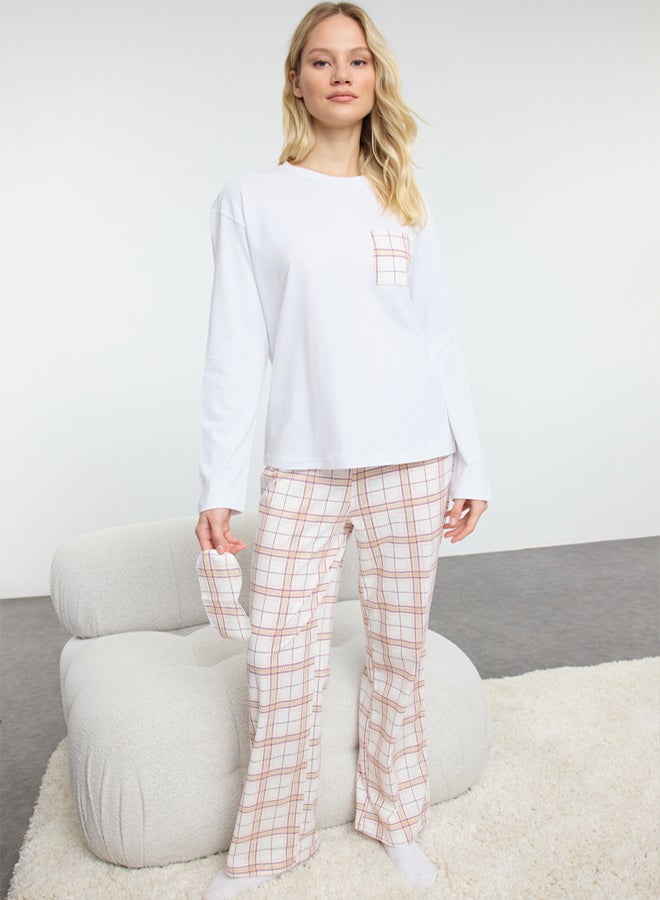 trendyol White-Multicolor Cotton Plaid Pocket Detailed Knitted Pajamas Set Thmaw25Pt00147 - Image 2
