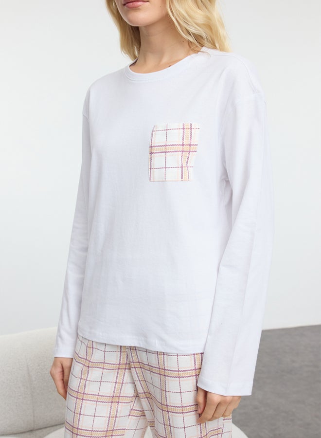 trendyol White-Multicolor Cotton Plaid Pocket Detailed Knitted Pajamas Set Thmaw25Pt00147 - Image 3