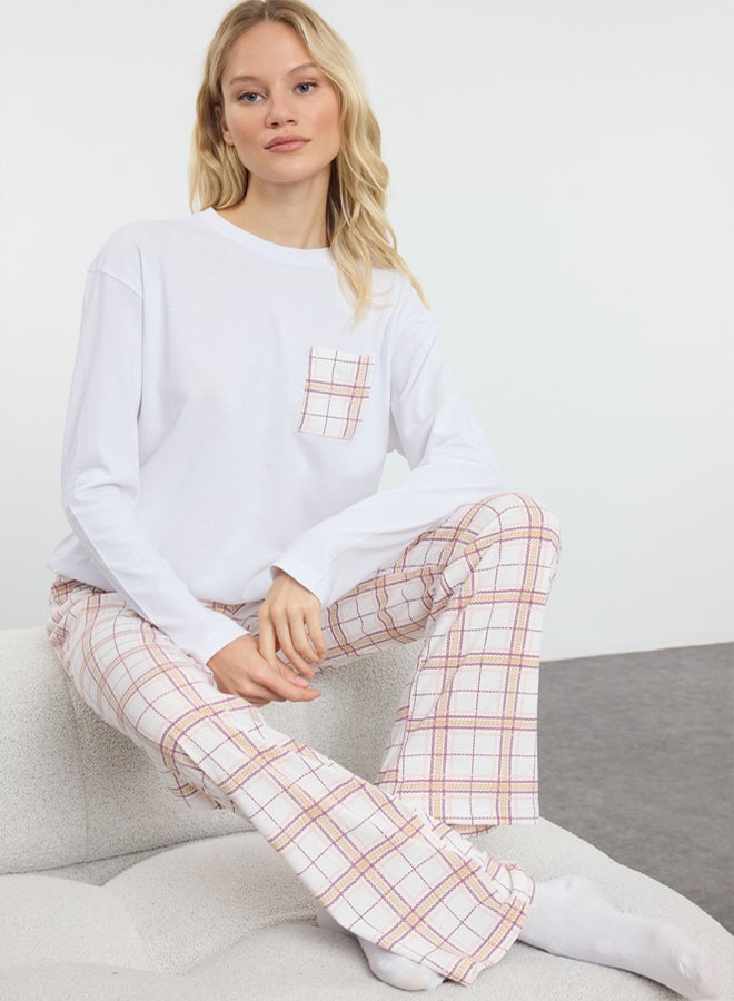 trendyol White-Multicolor Cotton Plaid Pocket Detailed Knitted Pajamas Set Thmaw25Pt00147 - Image 1