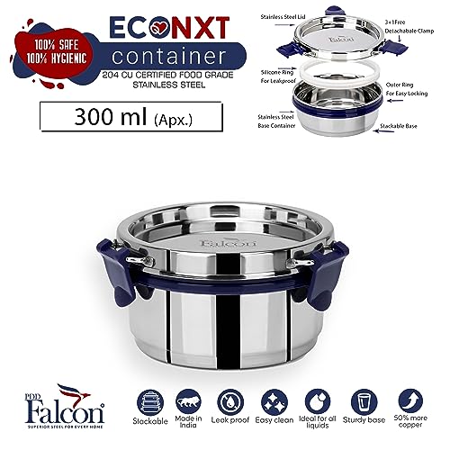 PDDFALCON EcoNxt Stainless Steel Lunch Box Set,With Airtight Lids,Easy to Clean,100% Leakproof With BIS Certified, Jindal Seal & Made In India Perfect for Office, School, Set of 2 - Blue(300ml) - Image 3