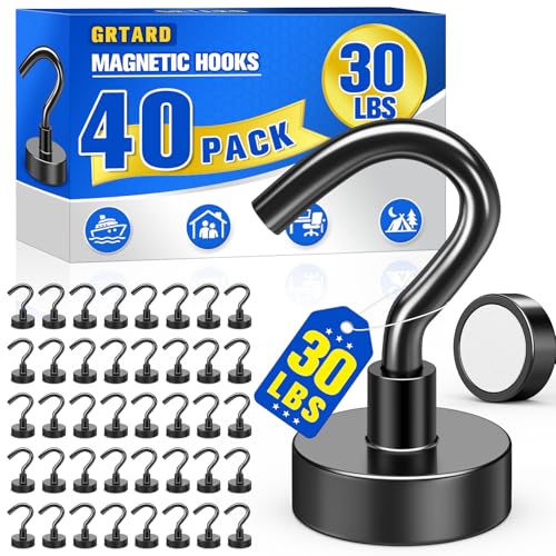 Grtard 40 Pack Black Magnetic Hooks 30LBS Neodymium Magnet Hooks Heavy Duty Strong Magnetic Hooks for Hanging Magnets with Hooks for Fridge Cruise Cabin Home Kitchen Workplace Office - Image 1