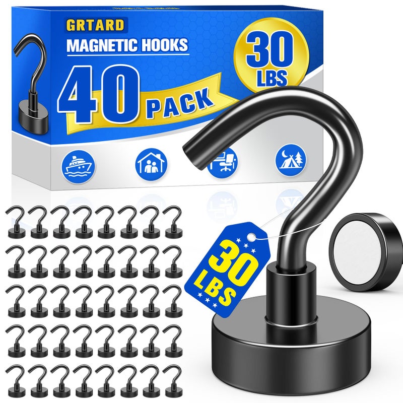 Grtard 40 Pack Black Magnetic Hooks 30LBS Neodymium Magnet Hooks Heavy Duty Strong Magnetic Hooks for Hanging Magnets with Hooks for Fridge Cruise Cabin Home Kitchen Workplace Office - Image 2