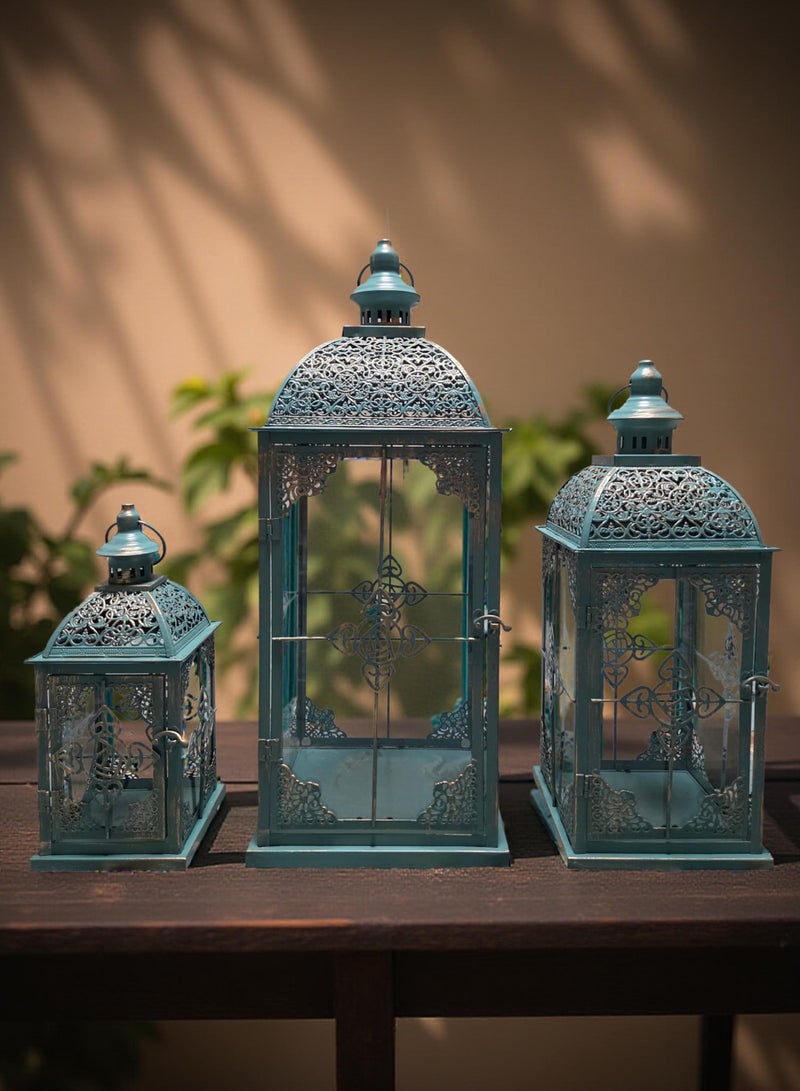 Decorative Metal Lanterns Set of 3, Vintage Teal Blue, Cross Pattern Design with Glass Panels  - Image 2