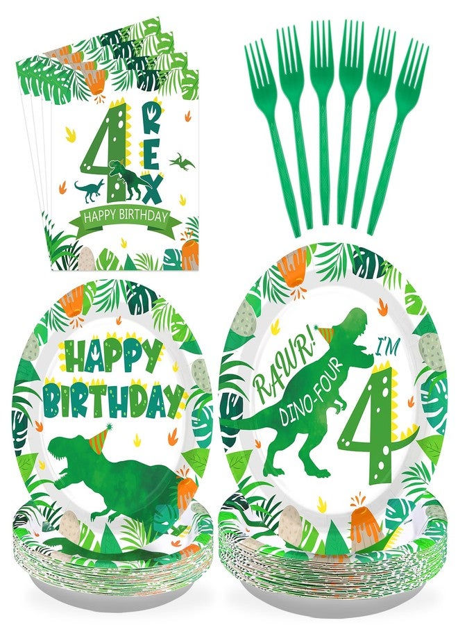Grencian 96Pcs Dinosaur 4th Birthday Decorations Dinosaur 4th Birthday Plates Roar Im Four Paper Tableware Set for Boys Dino Four Year Old Birth-day Party Decorations, Serves 24 - Image 1