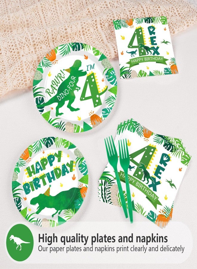 Grencian 96Pcs Dinosaur 4th Birthday Decorations Dinosaur 4th Birthday Plates Roar Im Four Paper Tableware Set for Boys Dino Four Year Old Birth-day Party Decorations, Serves 24 - Image 2