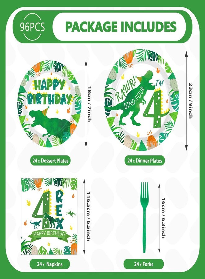 Grencian 96Pcs Dinosaur 4th Birthday Decorations Dinosaur 4th Birthday Plates Roar Im Four Paper Tableware Set for Boys Dino Four Year Old Birth-day Party Decorations, Serves 24 - Image 3