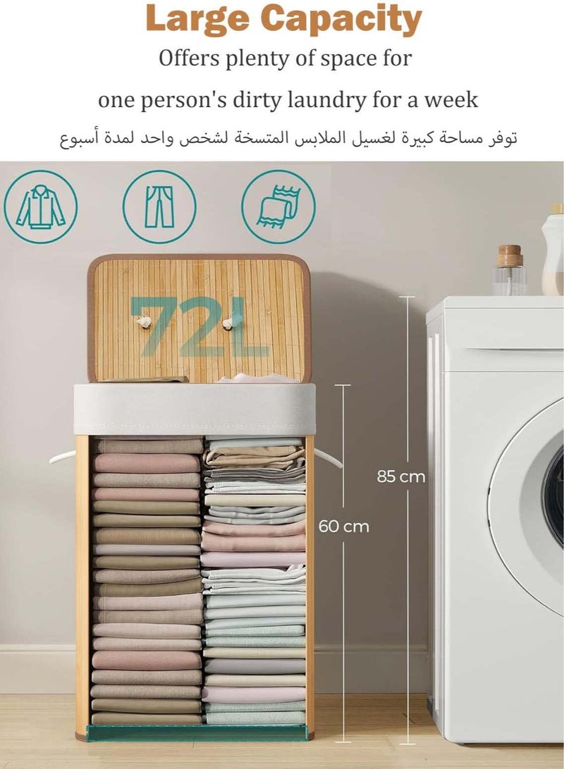 HOMESTAR Laundry Basket, Bamboo Hamper with Lid And Removable Liner, Bag for Bathroom Bedroom Room Dorm, 30x40x60cm - Image 2
