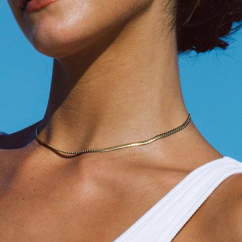 NUZON 14K Gold Plated Chain Choker Necklace for Women 16’’ Layering Jewelry, Medium, Metal, No Gemstone | 3MM/5MM Herringbone / Gold Ball Beaded / Paperclip / Tennis / Cuban / Heart / CZ Station Chain Necklace, Dainty Jewelry Gift - Image 5