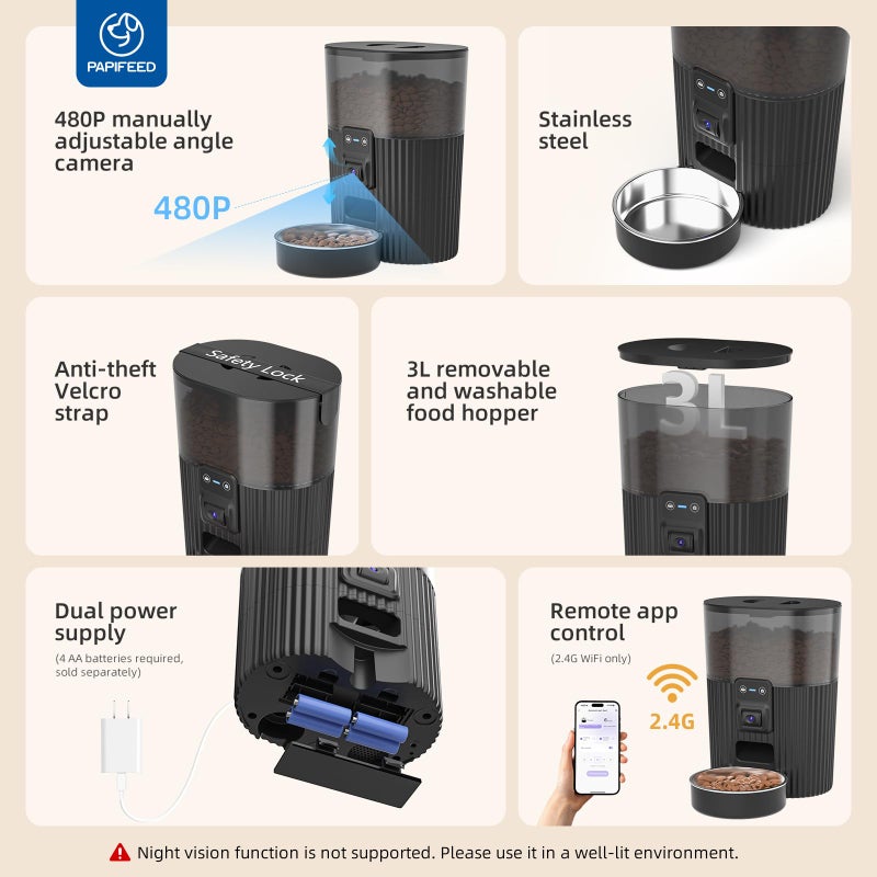 PAPIFEED Automatic Cat Feeder with Camera, Adjustable Angle 2.4G WiFi Pet Feeder 3.5L/15 Cup Timed Dispenser,Timed Feeder for Remote Feeding with Stainless Steel Bowl up to 10 Meals Per Day with APP - Image 4