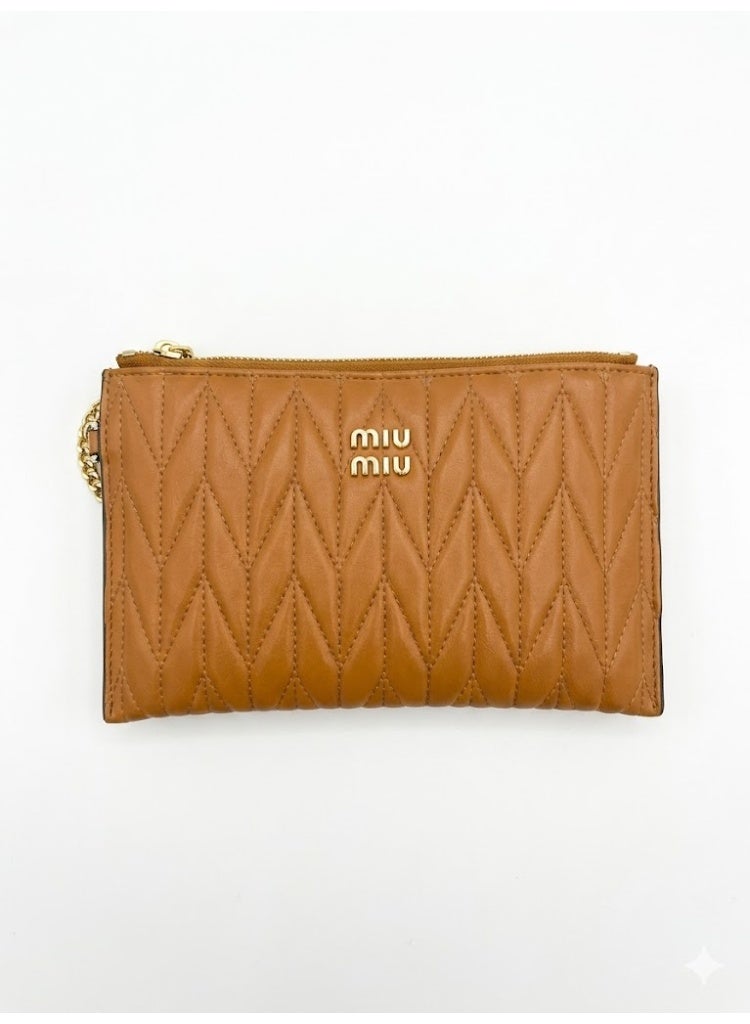 Miu Miu Matelassé Nappa Leather Pouch with Gold-Tone Logo – Caramel Brown