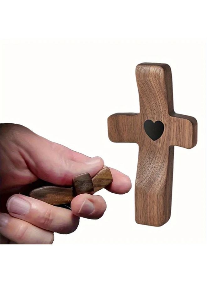 1pc Heart Shaped Wooden Cross Handheld Fingertip Size Earthy Yellow Finish Home Decor - Image 1
