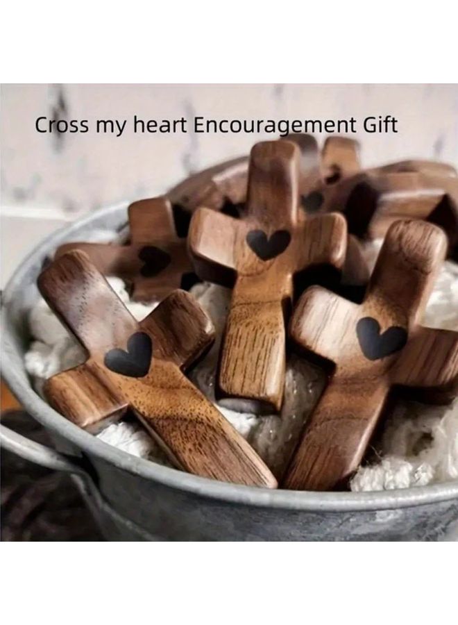 1pc Heart Shaped Wooden Cross Handheld Fingertip Size Earthy Yellow Finish Home Decor - Image 2