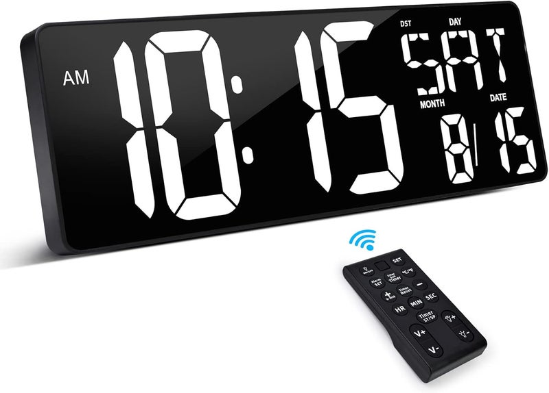 XREXS Large Digital Wall Clock with Remote Control, 16.5 Inch LED Large Display Count Up & Down Timer, Adjustable Brightness Plug-in Alarm Clock with Day/Date/Temperature for Living Room, Office, Gym - Image 1