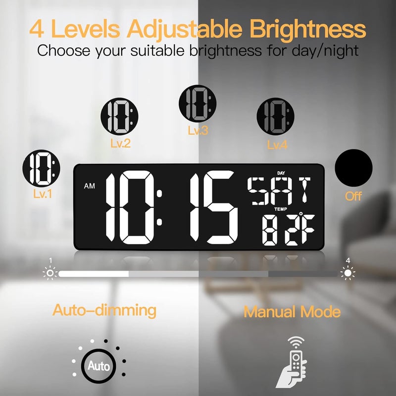 XREXS Large Digital Wall Clock with Remote Control, 16.5 Inch LED Large Display Count Up & Down Timer, Adjustable Brightness Plug-in Alarm Clock with Day/Date/Temperature for Living Room, Office, Gym - Image 5