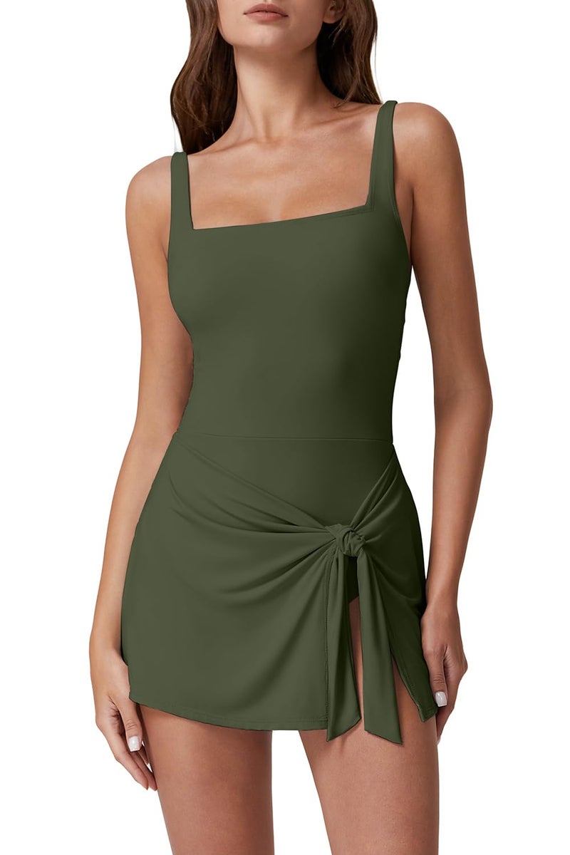 QINSEN Women's Tummy Control Swim Dress Tie-Waist Side Slit One Piece Swimsuit Army Green XL - Image 1