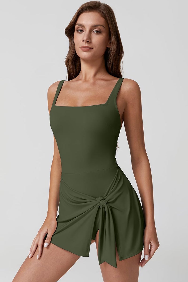 QINSEN Women's Tummy Control Swim Dress Tie-Waist Side Slit One Piece Swimsuit Army Green XL - Image 3