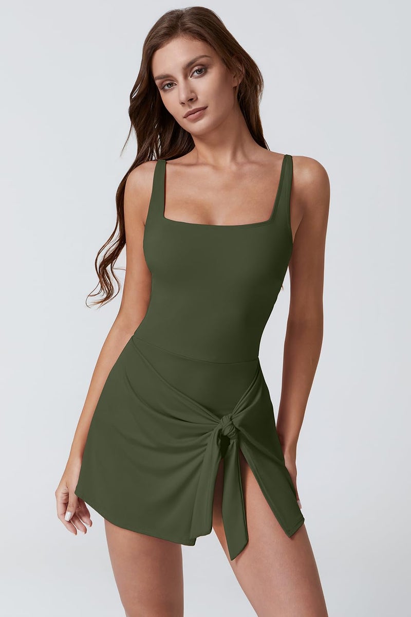 QINSEN Women's Tummy Control Swim Dress Tie-Waist Side Slit One Piece Swimsuit Army Green XL - Image 5