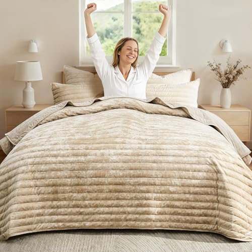 Qucover Velvet Quilt King Size, 106"x98" Oversized King Quilt Bedding Set, Luxury Cream Beige Striped Comforter, Ultra Soft Winter Quilted Bedspread Coverlet for All Seasons - Image 2
