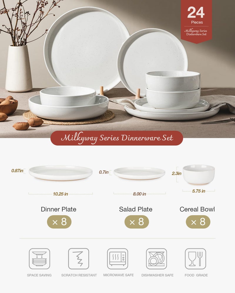 Famiware Milkyway Dinnerware Sets, 24 Piece Dish Set, Plates and Bowls Sets for 8, White - Image 2