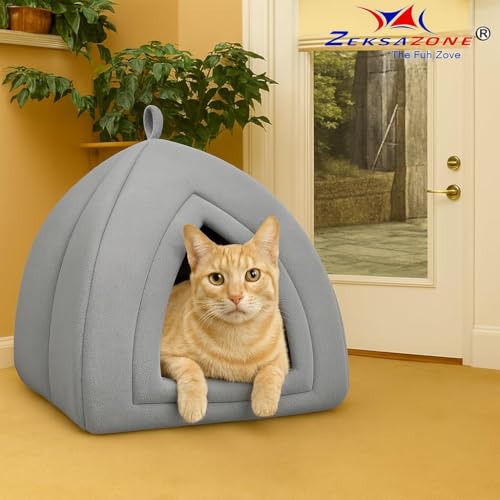 ZEXSAZONE Premium Soft Velvet Pet Hut House | for Cats, Kittens and Small Dogs Puppey | with Reversible Cushion | Washable Cozy and Comfortable | Small | 40 x 40 x 42 cm (Grey, Small_House_Shape) - Image 2
