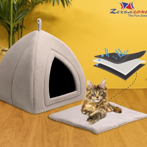 ZEXSAZONE Premium Soft Velvet Pet Hut House | for Cats, Kittens and Small Dogs Puppey | with Reversible Cushion | Washable Cozy and Comfortable | Small | 40 x 40 x 42 cm (Grey, Small_House_Shape) - Image 4