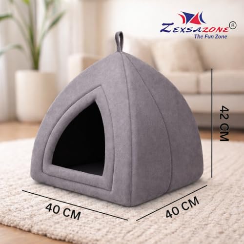 ZEXSAZONE Premium Soft Velvet Pet Hut House | for Cats, Kittens and Small Dogs Puppey | with Reversible Cushion | Washable Cozy and Comfortable | Small | 40 x 40 x 42 cm (Grey, Small_House_Shape) - Image 3