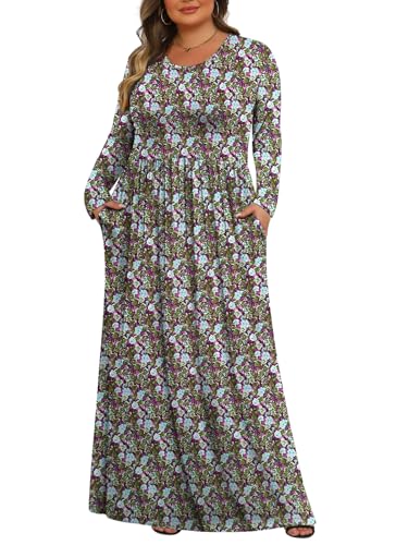 Tencede Womens Plus Size Maxi Dresses Long Sleeve with Pockets Casual Long Dress Aoyagi 3X - Image 1